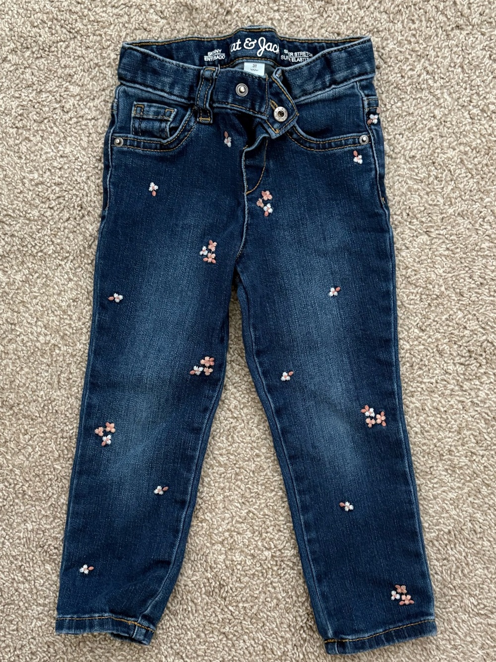 Cat & Jack Dark Blue Jeans with Pink Floral Embroidery